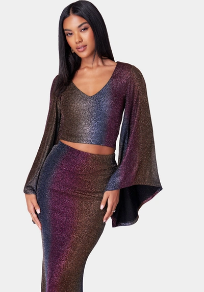 Shop Bebe V Neck Bell Sleeve Ombre Knit Top In Ombre Metallic