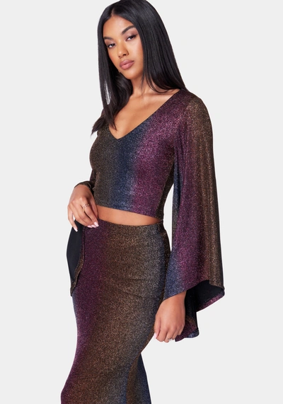 Shop Bebe V Neck Bell Sleeve Ombre Knit Top In Ombre Metallic