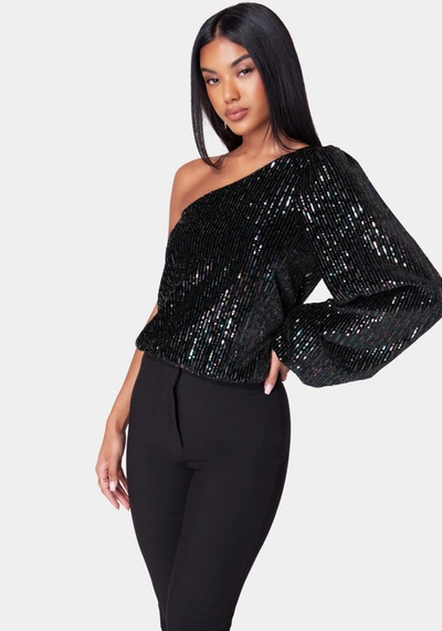 Bebe One Shoulder Multi Color Balloon Sleeve Blouse In Multi Color