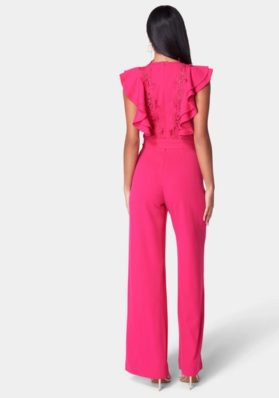 Shop Bebe Lace Trim Knit Crepe Palazzo Jumpsuit In Pink Peacock