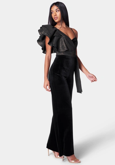 Bebe Removable Ruffle Top Wide Leg Jumpsuit In Black,gold