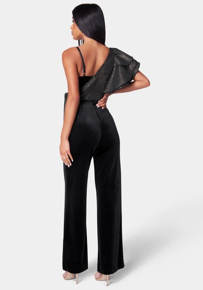 Bebe Removable Ruffle Top Wide Leg Jumpsuit In Black,gold