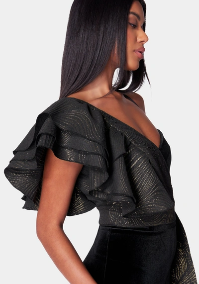 Bebe Removable Ruffle Top Wide Leg Jumpsuit In Black,gold