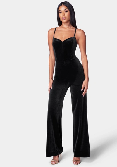 Bebe Removable Ruffle Top Wide Leg Jumpsuit In Black,gold