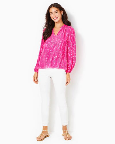 Shop Lilly Pulitzer Giana Silk Top In Pink Palms Fish Clip Chiffon