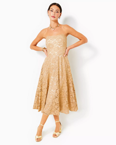 Shop Lilly Pulitzer Aubrianna Strapless Midi Dress In Gold Metallic Gilded Floral Lace