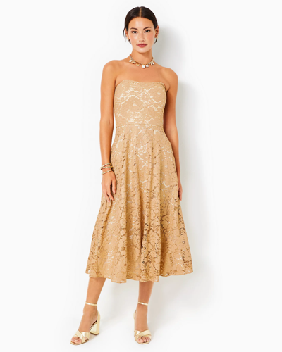Shop Lilly Pulitzer Aubrianna Strapless Midi Dress In Gold Metallic Gilded Floral Lace