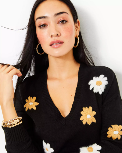 Shop Lilly Pulitzer Tensley Sweater In Black Blooming Embroidery