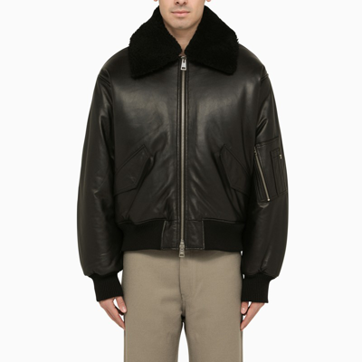 Shop Ami Alexandre Mattiussi Black Leather Bomber Jacket