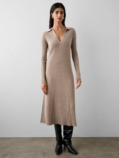 Shop White + Warren Merino Cashmere Ribbed Polo Dress In Fawn Heather
