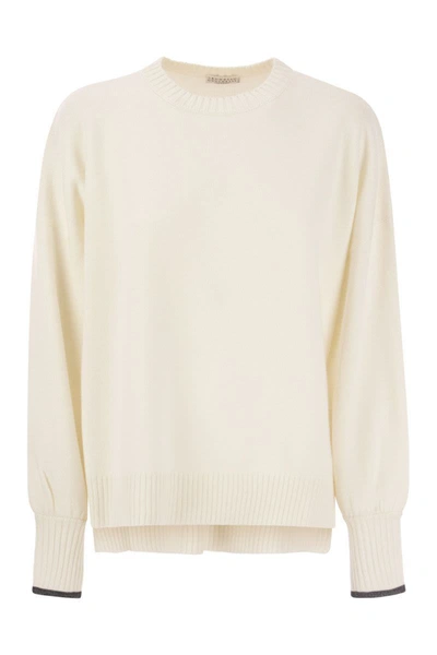 Shop Brunello Cucinelli Cashmere Knit With Shiny Contrast Cuffs In White