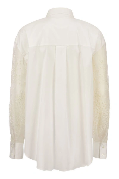Shop Brunello Cucinelli Stretch Cotton Poplin Shirt With Crispy Silk Broderie Anglaise Sleeve In White