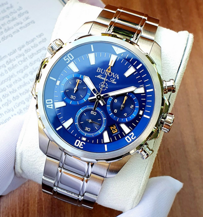 Pre-owned Bulova Marine Star Blue Dial Silver Tone Stainless Steel Men's Watch 96b256