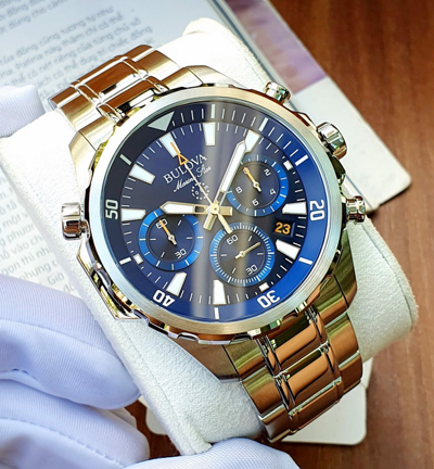 Pre-owned Bulova Marine Star Blue Dial Silver Tone Stainless Steel Men's Watch 96b256