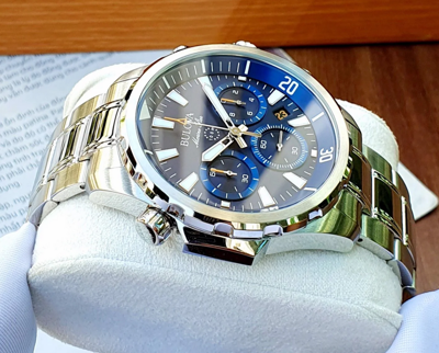 Pre-owned Bulova Marine Star Blue Dial Silver Tone Stainless Steel Men's Watch 96b256