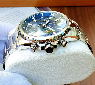 Pre-owned Bulova Marine Star Blue Dial Silver Tone Stainless Steel Men's Watch 96b256