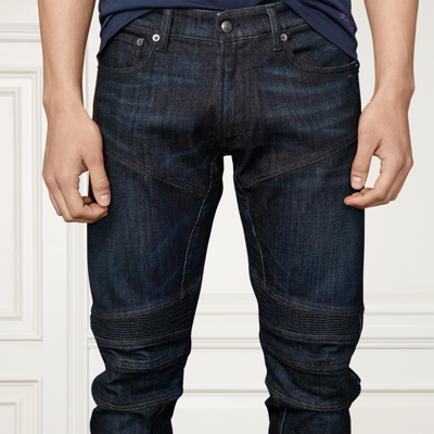 Pre-owned Ralph Lauren Purple Label $695  Slim Skinny Piston Moto Stretch Denim Jeans Pants In Blue