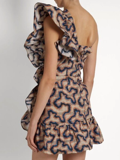 Pre-owned Isabel Marant $955  Lavern One Shoulder Ruffled Printed Cotton Linen Dress Fr 38 In Multicolor