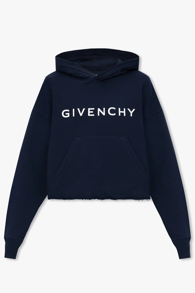 Shop Givenchy Navy Blue Logo Hoodie In New