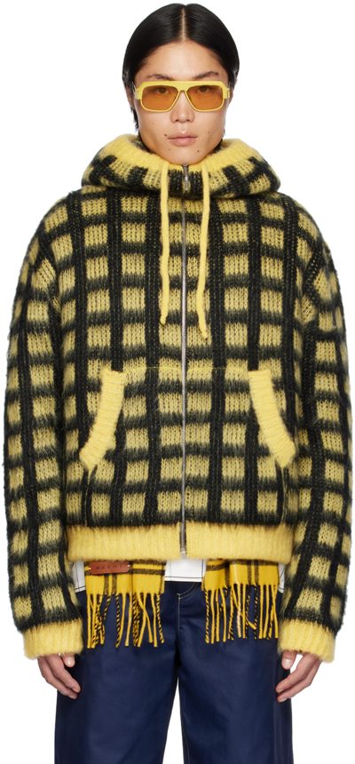 Shop Marni Black & Yellow Check Hoodie In Chy56 Maize