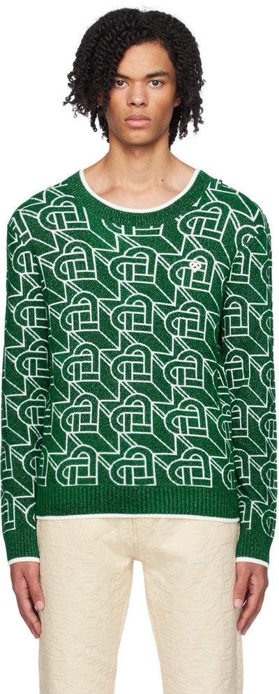 Shop Casablanca Green Heart Monogram Sweater In Green/ White