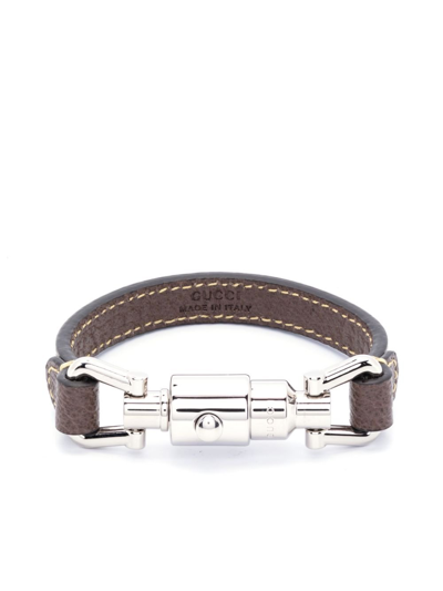Shop Gucci Brown Piston Closure Leather Bracelet In Grey