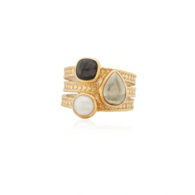 Shop Anna Beck - Hypersthene, Pyrite, And Pearl Faux Stacking Ring In Gold