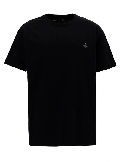 Shop Vivienne Westwood Black Crewneck T-shirt With Multicolor Orb Embroidery In Cotton