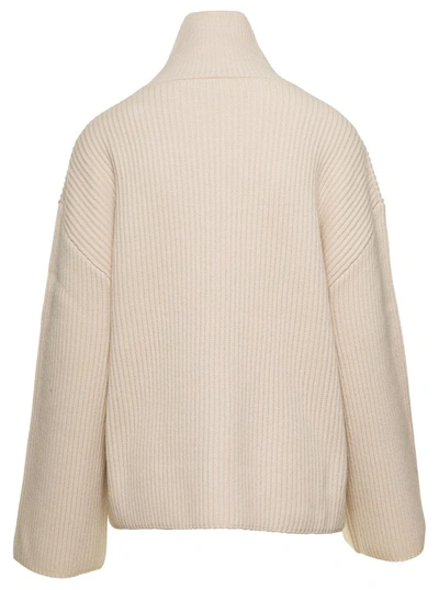 Shop Totême White Ribbed Sweater With Wrap Neck In Wool In Neutrals