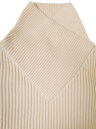 Shop Totême White Ribbed Sweater With Wrap Neck In Wool In Neutrals