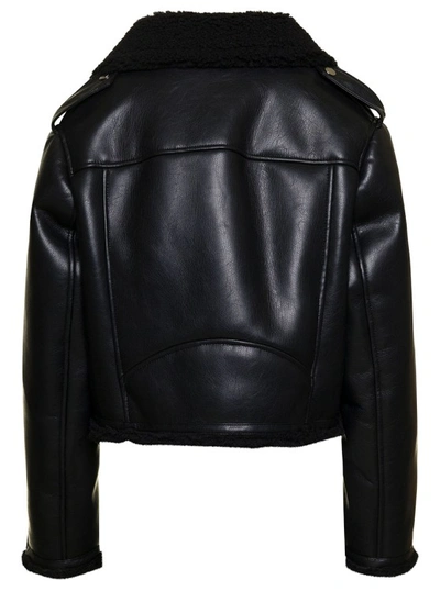 Shop Stand Studio Lilia' Black Cropped Biker Jacket With Wide Revers In Faux Leather