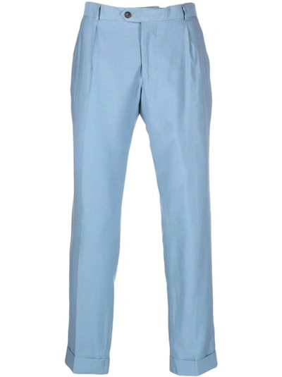 Shop Reveres 1949 Straight Leg Tailored Trousers With Pressed Crease In Light-blue Viscose