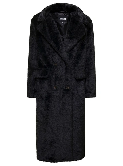 Shop Apparis Astrid' Black Double-breasted Coat With Revers Collar In Faux Fur