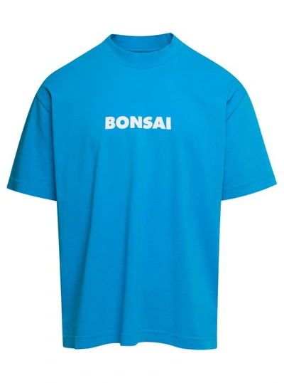 Shop Bonsai Light Blue Crewneck T-shirt With Contrasting Logo Print In Cotton