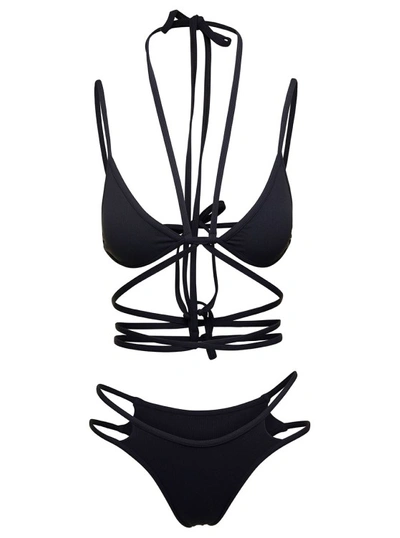 Shop Andreädamo Black Triangle Bikini With Crossed Laces In Stretch Polyamide