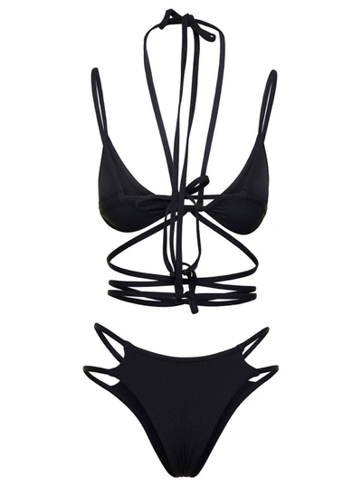 Shop Andreädamo Black Triangle Bikini With Crossed Laces In Stretch Polyamide