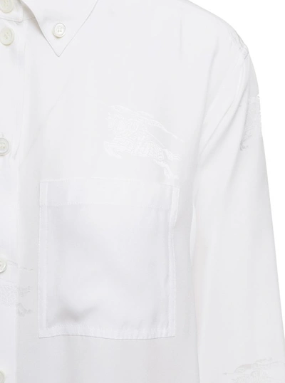 Shop Burberry White Oversized Shirt With All-over Embroidery Print In 'mulberry' Silk