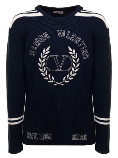 Shop Valentino Blue Wool Crew Neck Sweater With Logo In Black