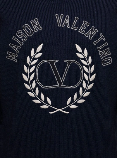 Shop Valentino Blue Wool Crew Neck Sweater With Logo In Black