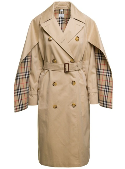 Shop Burberry Beige Trench Coat With Cape Lined Sleeves In Cotton In Neutrals