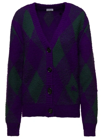 Shop Burberry Purple Cardigan With Argyle Motif In Wool In Black