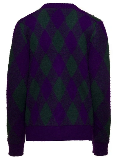 Shop Burberry Purple Cardigan With Argyle Motif In Wool In Black