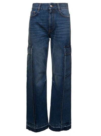 Shop Stella Mccartney Blue Flare Cargo Jeans With Logo Patch In Cotton Denim In Black