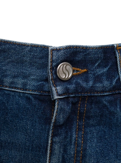 Shop Stella Mccartney Blue Flare Cargo Jeans With Logo Patch In Cotton Denim In Black