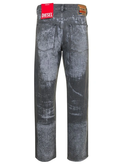 Shop Diesel Grey Straight Jeans With Bleached Effect And Logo Lettering Print In Cotton Blend Denim