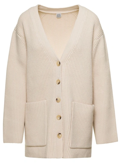 Shop Totême Oversized Ribbed White Cardigan With Patch Pockets In Wool In Neutrals