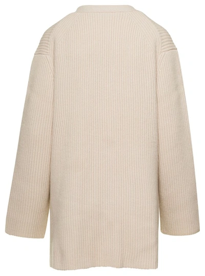 Shop Totême Oversized Ribbed White Cardigan With Patch Pockets In Wool In Neutrals