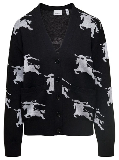 Shop Burberry Brittany' Black Cardigan With Equestrian Knight In Cotton Blend