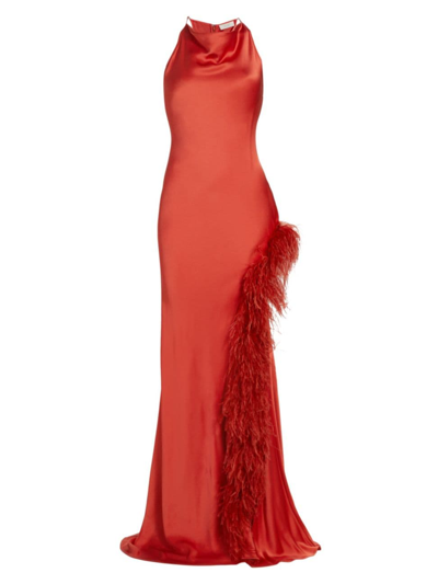 Shop Lapointe Women's Feather-trimmed Satin Halter Gown In Carnelian