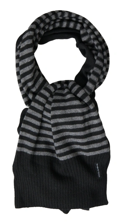 Shop Dolce & Gabbana Black Gray Stripe Wool Neck Wrap Shawl Scarf